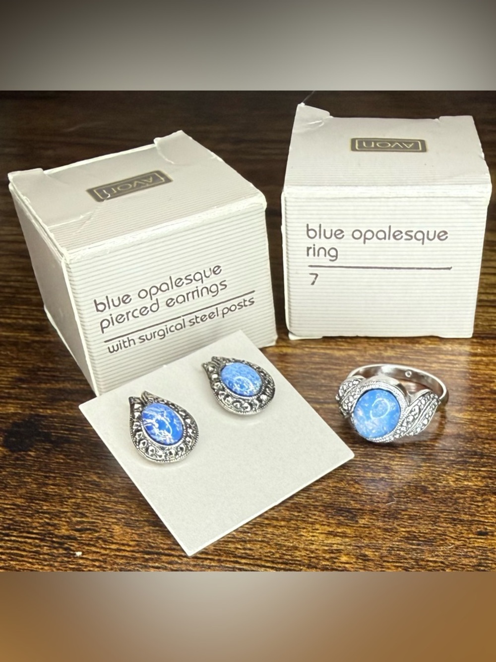 Avon Silver-Tone Blue Opalesque Teardrop Pierced Earrings (1991)